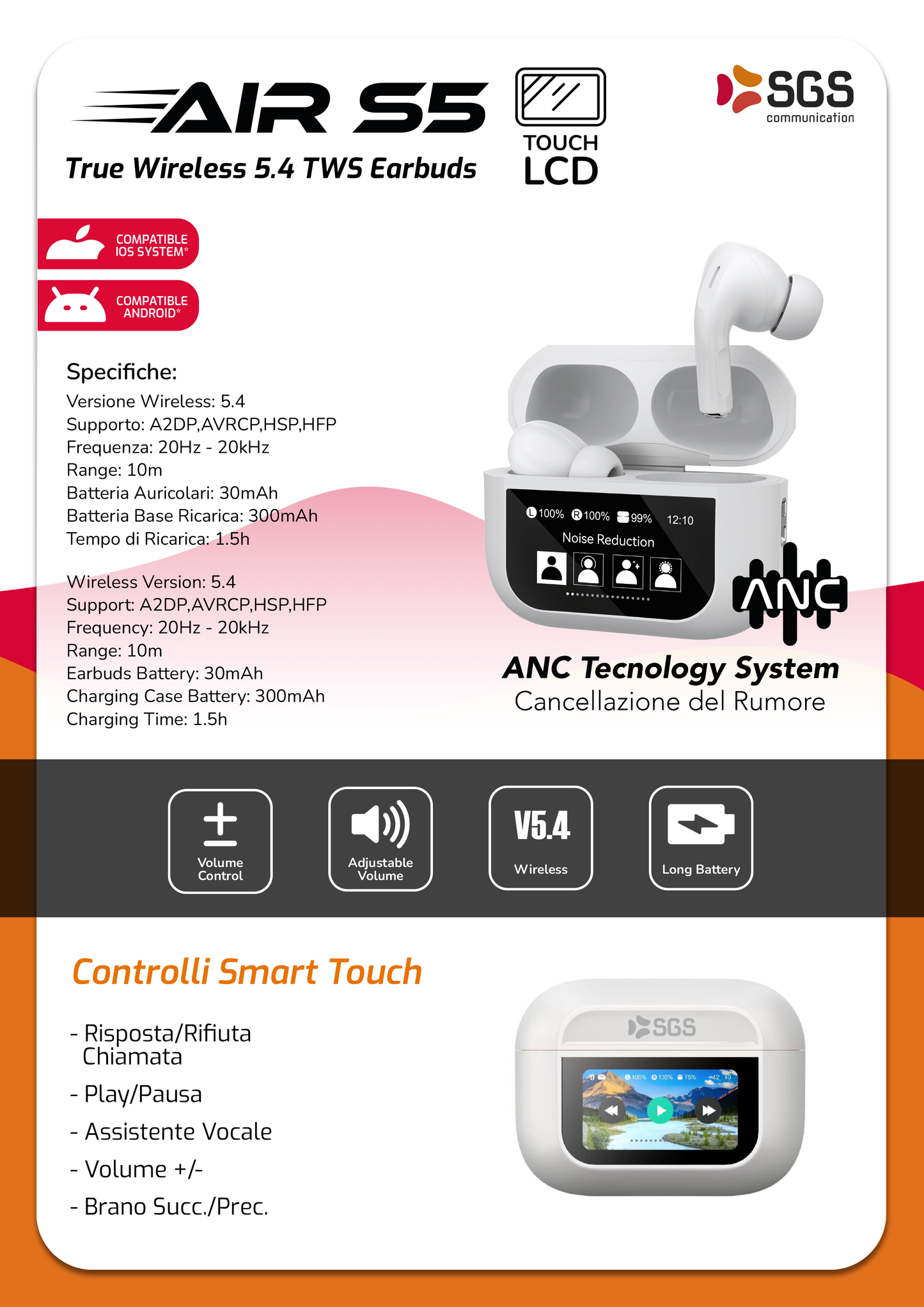 SGS AIR S5 LCD Auricolari Wireless TWS con Display Touch e Tecnologia ANC