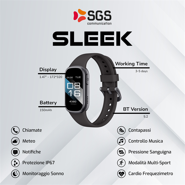 Smartwatch 18mm SGS Sleek con Funzione Telefono - Black