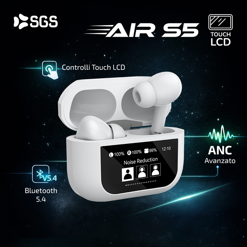 SGS AIR S5 LCD Auricolari Wireless TWS con Display Touch e Tecnologia ANC