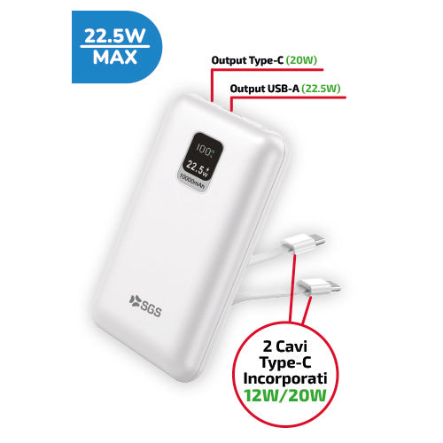 Powerbank - Output USB e TYPE-C - Doppio Cavo TYPE-C - 10000mAh